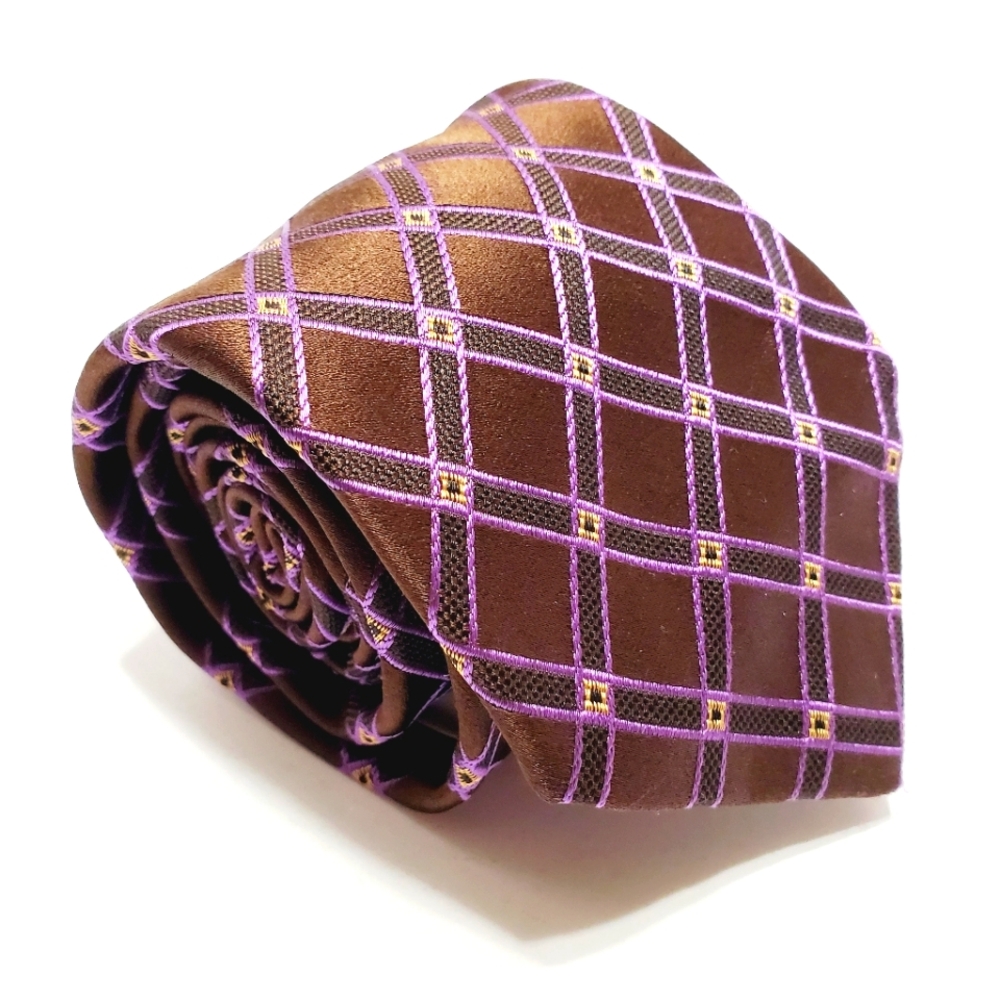 Fratelli Moda Necktie Purple & Brown Geometric Pattern Silk Neck Tie 59x3.75"
